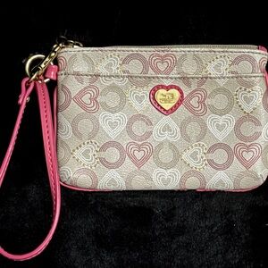 Coach Heart Pattern Wristlet with Pink Accents